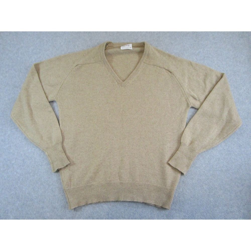 Thane Cashmere Sweater Mens Medium Tan Camel V Neck Pullover Knit Shirt Vintage